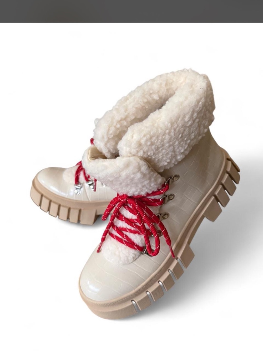 Shoe Dazzle Cream Sherpa-Lined Ankle Boot with Red Laces